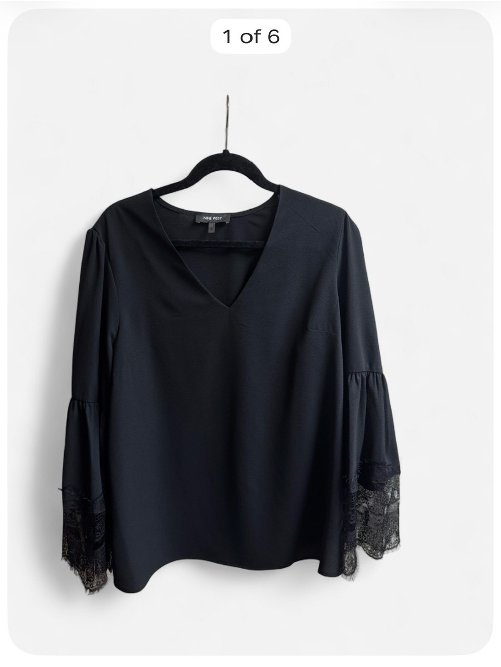 Nine West Black V-Neck Lace Bell Sleeve Blouse Women’s Large